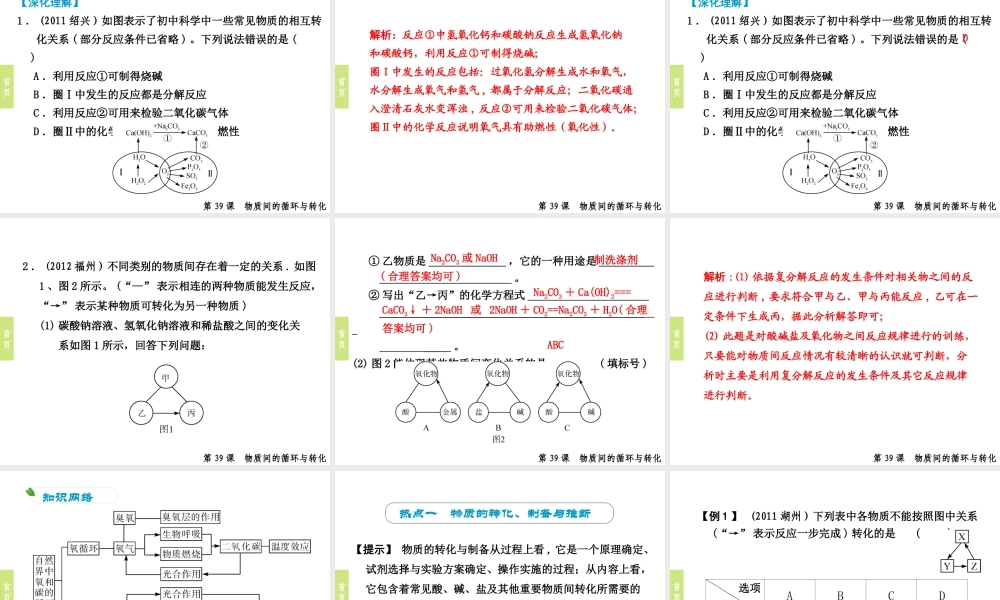 （小复习）浙江省2014年中考科学专题复习 第39课 物质间的循环与转化课件