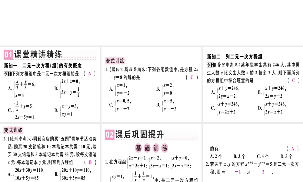 （广东专版）秋八年级数学上册 第五章《二元一次方程组》5.1 认识二元一次方程组习题讲评课件 （新版）北师大版-（新版）北师大版初中八年级上册数学课件