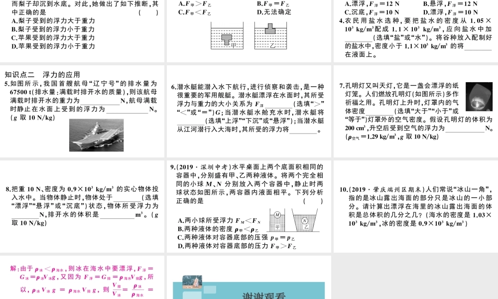 （广东专版）春八年级物理下册 第十章 浮力 第3节 物体的浮沉条件及应用同步练习课件 （新版）新人教版-（新版）新人教版初中八年级下册物理课件