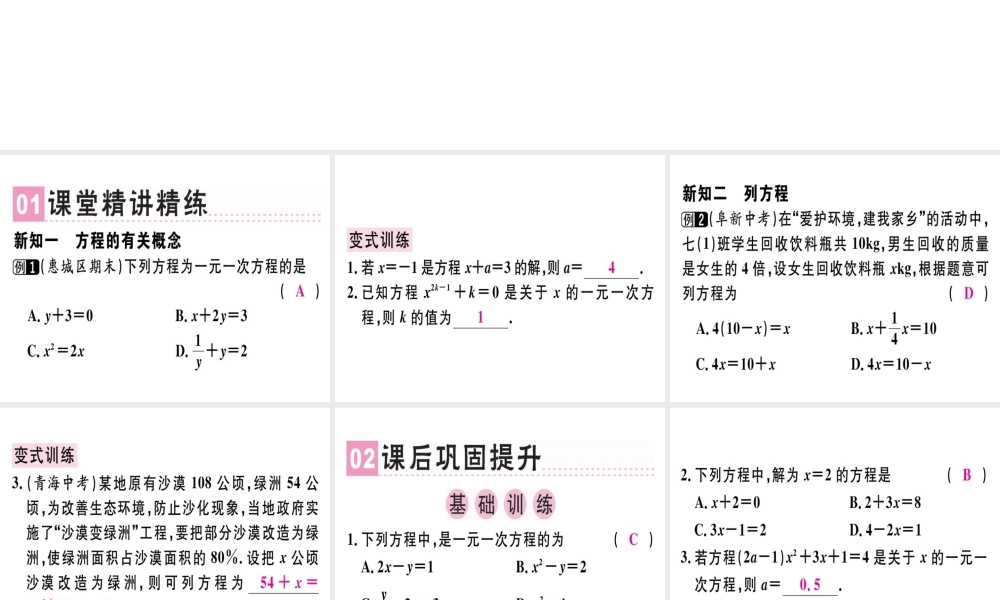 （广东专用）秋七年级数学上册 第三章 一元一次方程 第1课时 一元一次方程课堂精讲课件 （新版）新人教版-（新版）新人教版初中七年级上册数学课件