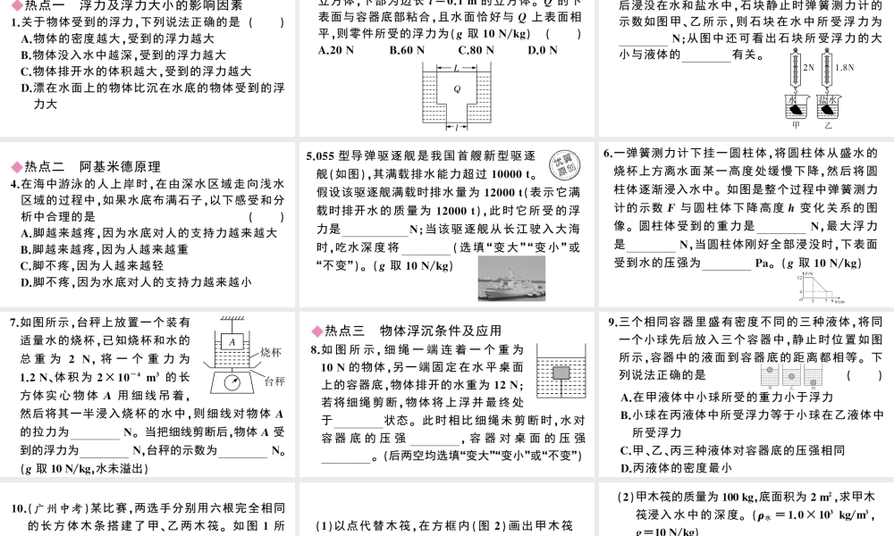 （广东专版）春八年级物理下册 第十章 浮力小结与复习同步练习课件 （新版）新人教版-（新版）新人教版初中八年级下册物理课件