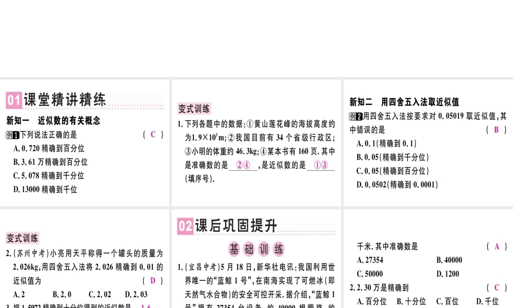 （广东专用）秋七年级数学上册 第一章 有理数 第20课时 近似数课堂精讲课件 （新版）新人教版-（新版）新人教版初中七年级上册数学课件