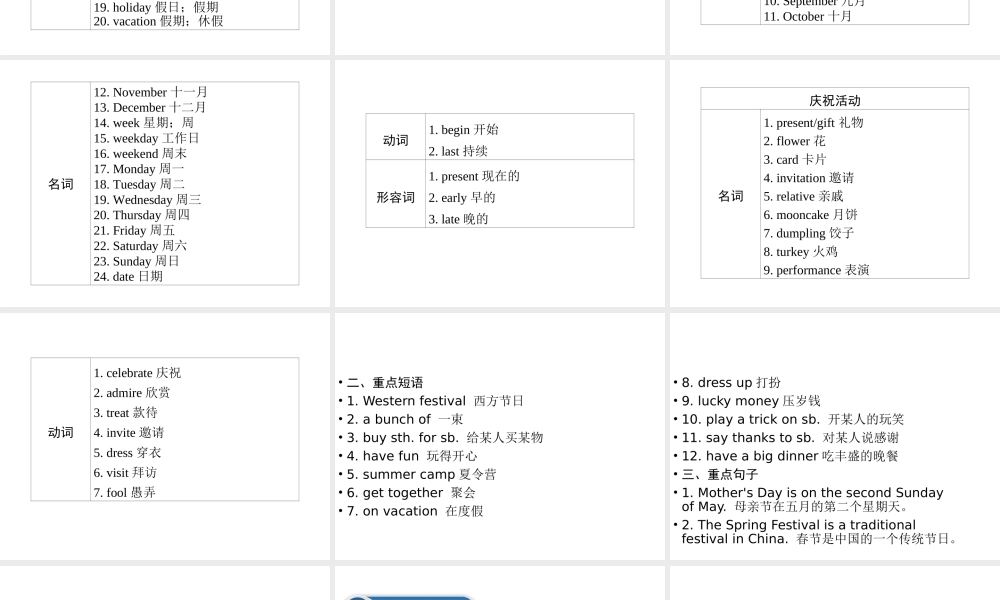 （广东专用）中考英语总复习 第3部分 话题专项突破 第10节 节假日活动课件 人教新目标版-人教新目标版初中九年级全册英语课件