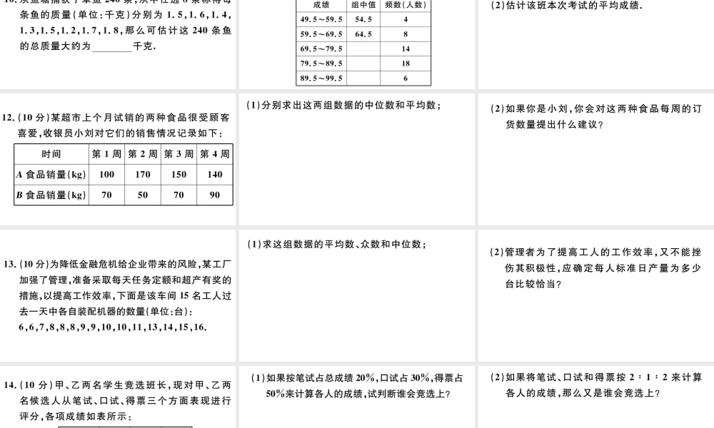 （广东专版）八年级数学下册 阶段综合训练十 平均数、中位数、众数（20.1）课件 （新版）新人教版-（新版）新人教版初中八年级下册数学课件