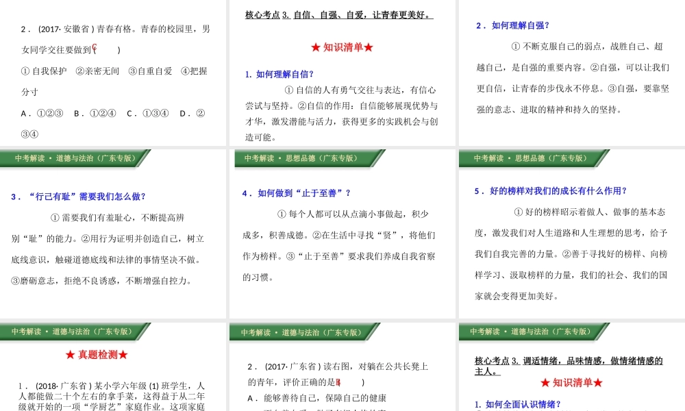 （广东专版）中考道德与法治解读总复习 知识专题三 调控情绪 青春灿烂课件-人教版初中九年级全册政治课件