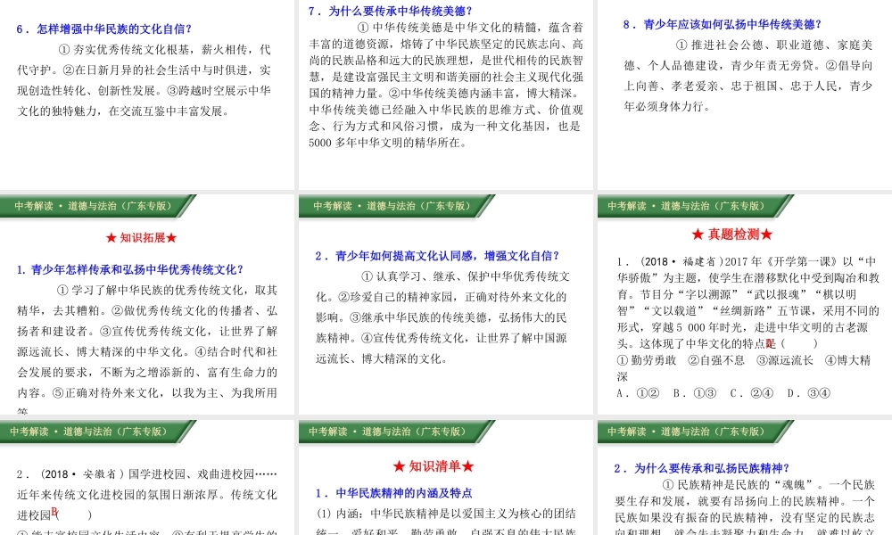 （广东专版）中考道德与法治解读总复习 知识专题十三 守望精神家园 延续文化血脉课件-人教版初中九年级全册政治课件