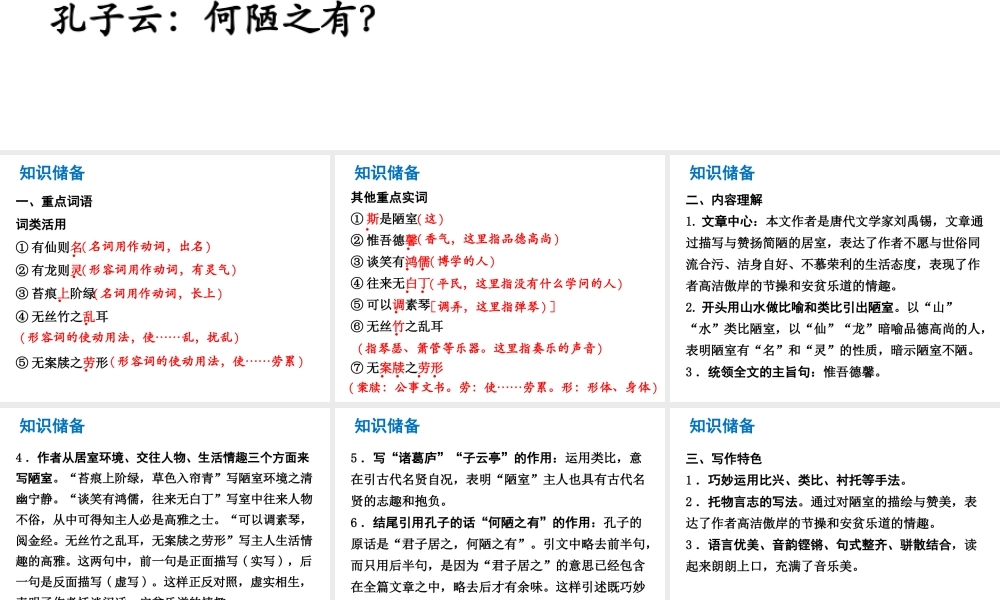（广东专版）中考语文总复习 中考解读 阅读理解 第一章 文言文阅读 第一节 课内文言文阅读 八上 陋室铭课件-人教版初中九年级全册语文课件
