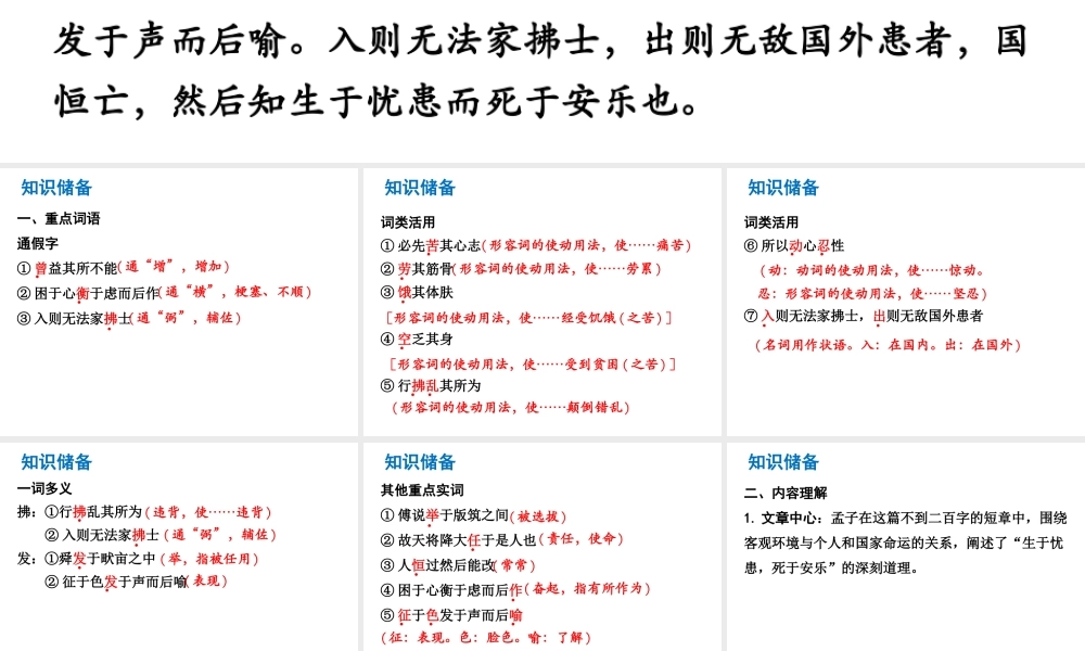 （广东专版）中考语文总复习 中考解读 阅读理解 第一章 文言文阅读 第一节 课内文言文阅读 九下 生于忧患，死于安乐课件-人教版初中九年级全册语文课件