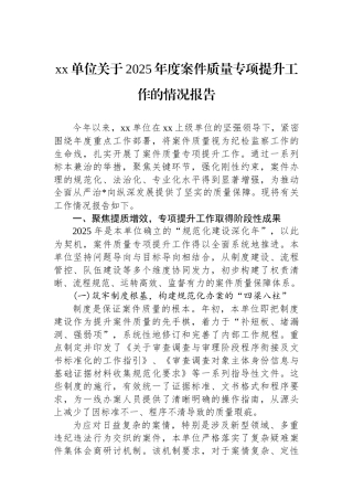 XX单位关于2025年度案件质量专项提升工作的情况报告
