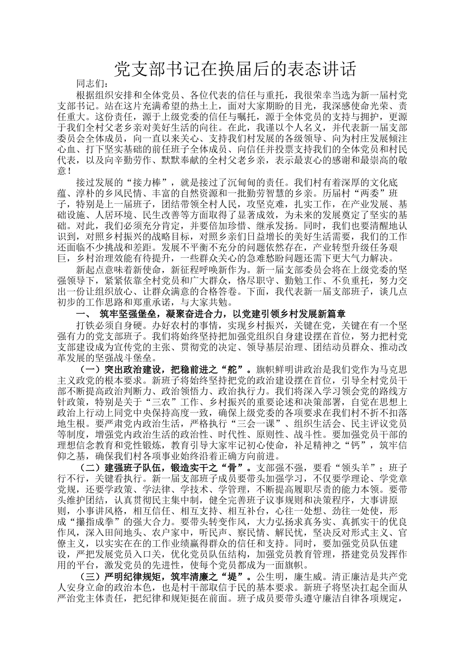 党支部书记在换届后的表态讲话_第1页