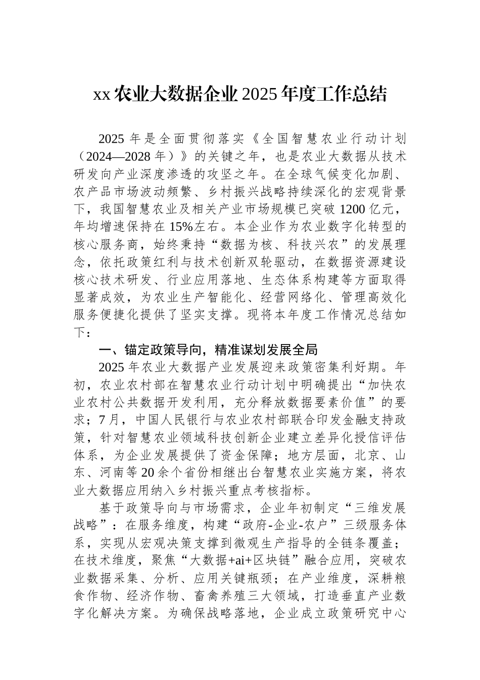 XX农业大数据企业2025年度工作总结_第1页