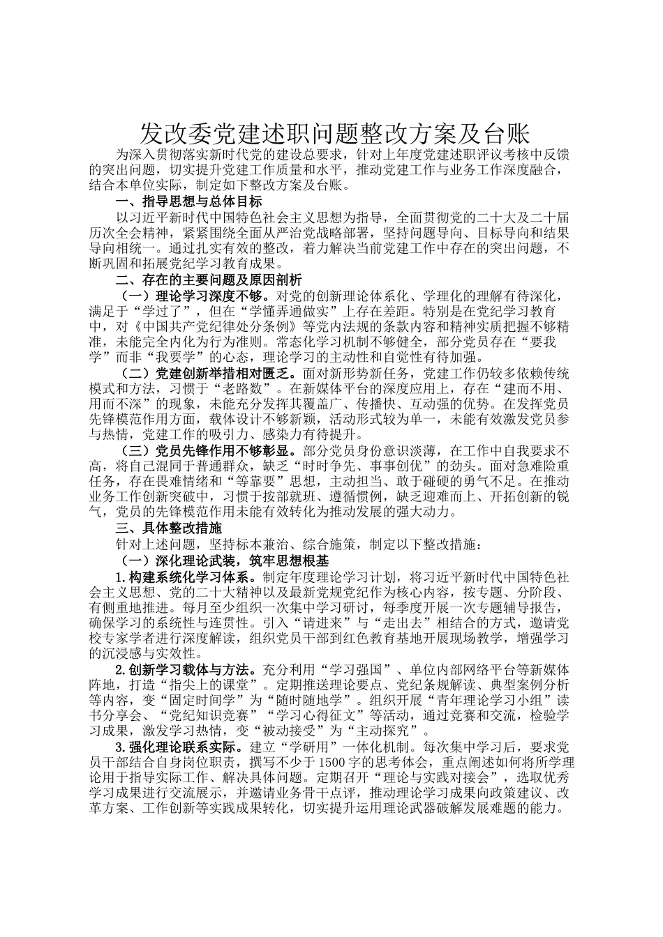 发改委党建述职问题整改方案及台账_第1页