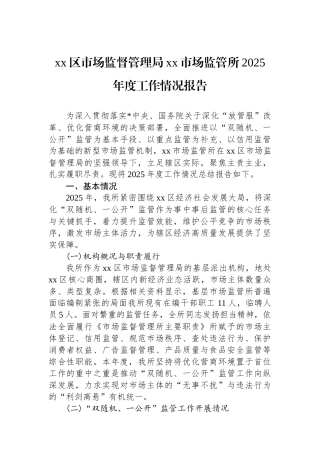 XX区市场监督管理局XX市场监管所2025年度工作情况报告