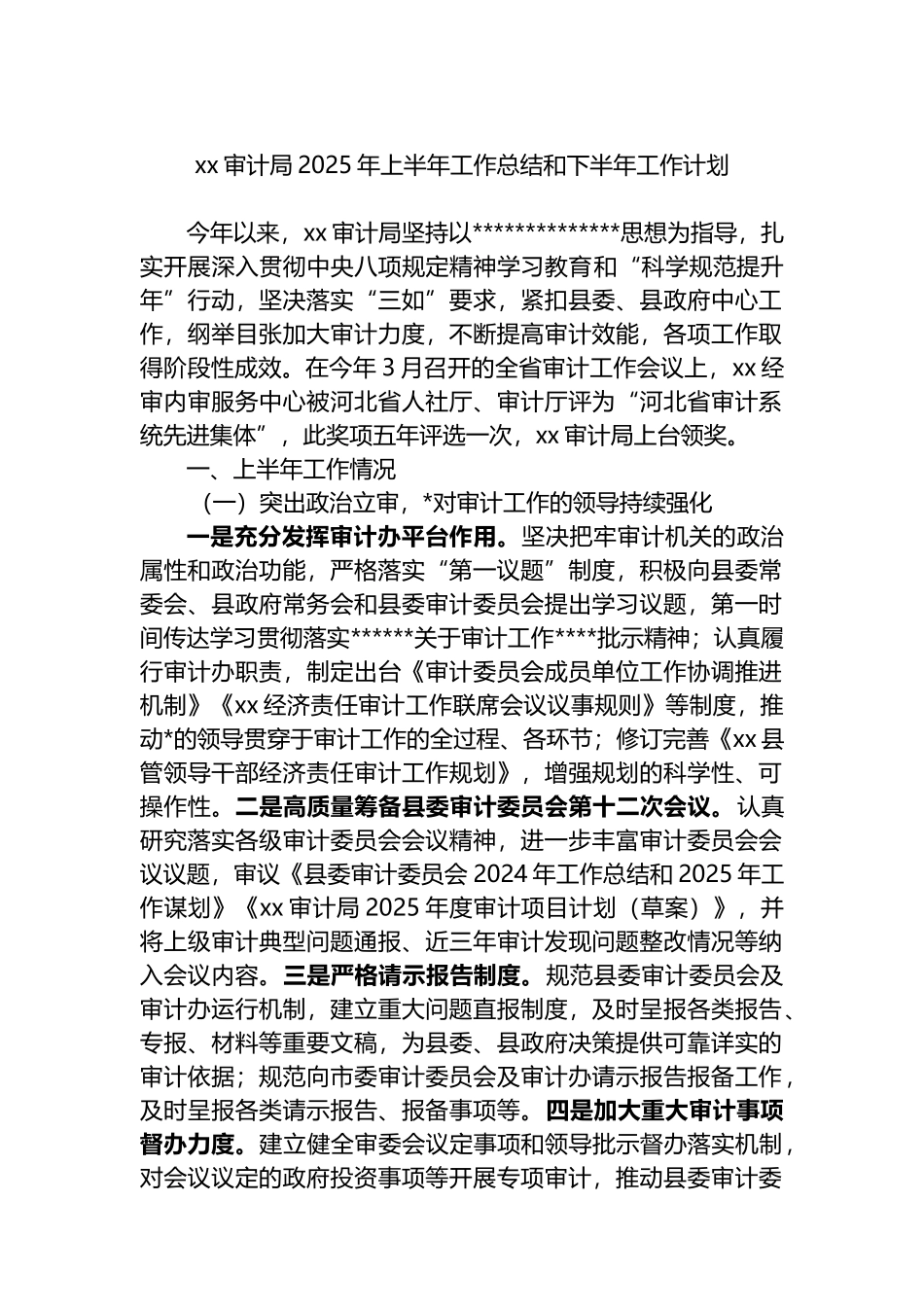 XX审计局2025年上半年工作总结和下半年工作计划_第1页