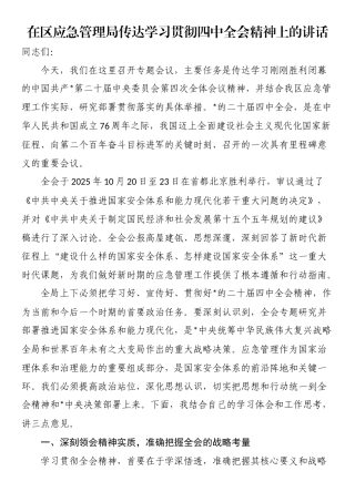 在区应急管理局传达学习贯彻四中全会精神上的讲话