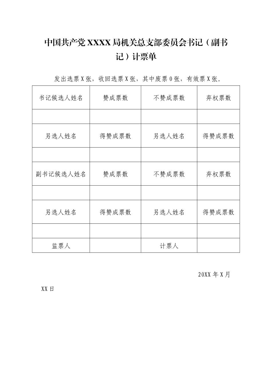 3.8中国共产党 X X 局XX委员会书记（副书记）计票单【更多材料关注抖音：资深秘书】_第1页