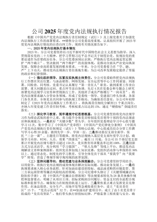 公司2025年度党内法规执行情况报告