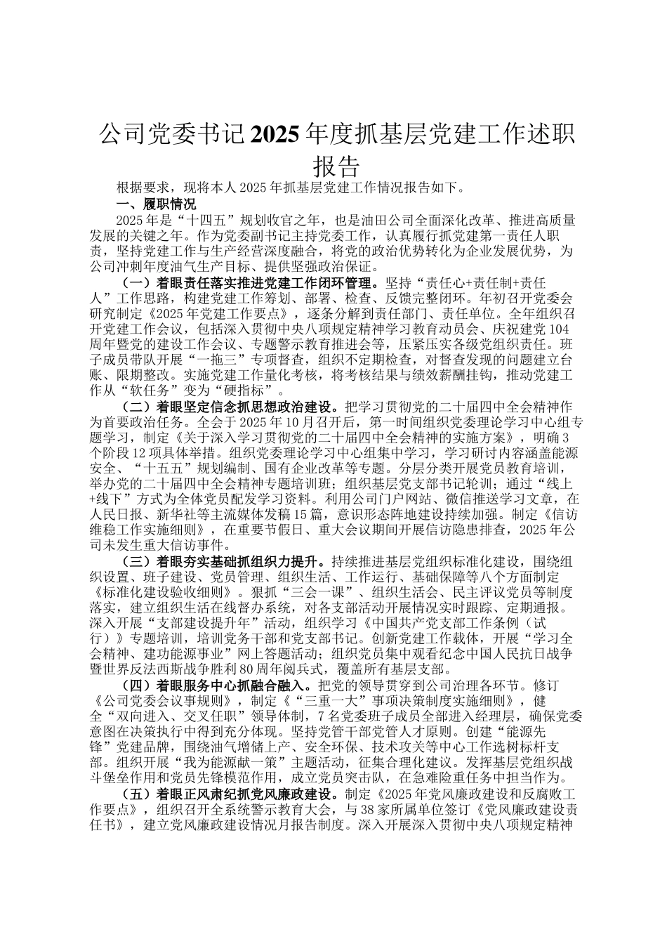 公司党委书记2025年度抓基层党建工作述职报告_第1页