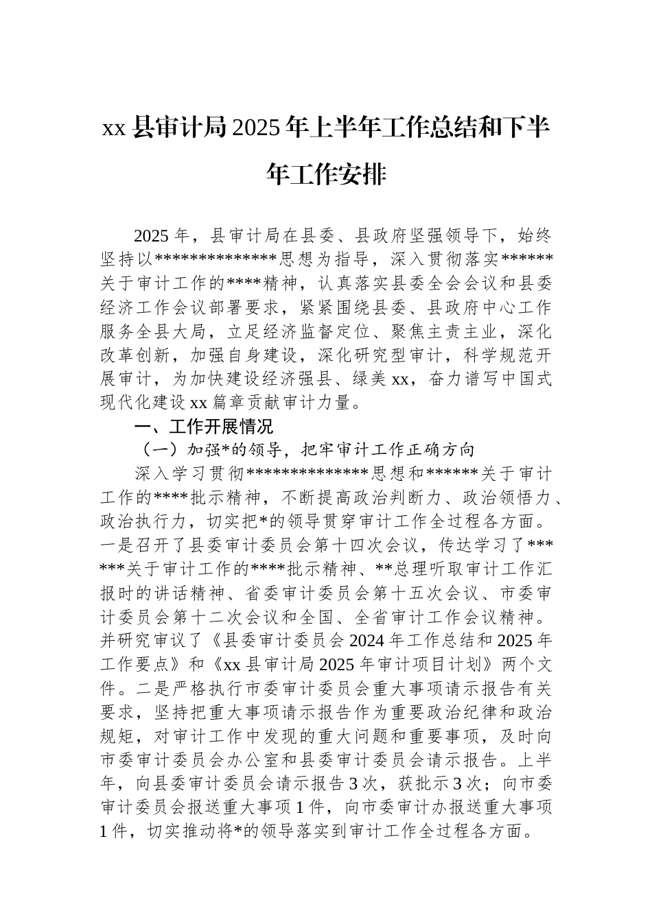 XX县审计局2025年上半年工作总结和下半年工作安排_第1页