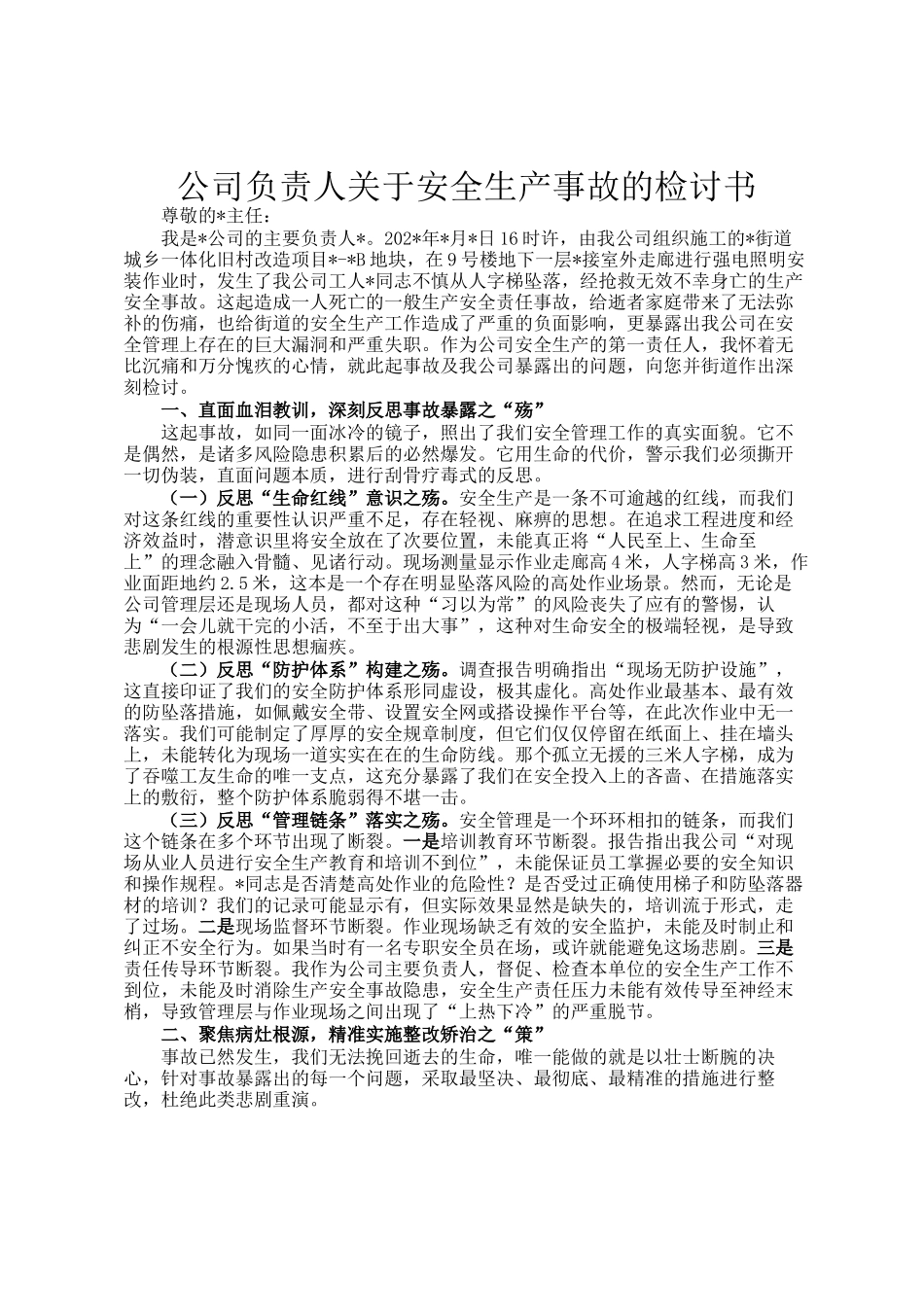 公司负责人关于安全生产事故的检讨书_第1页