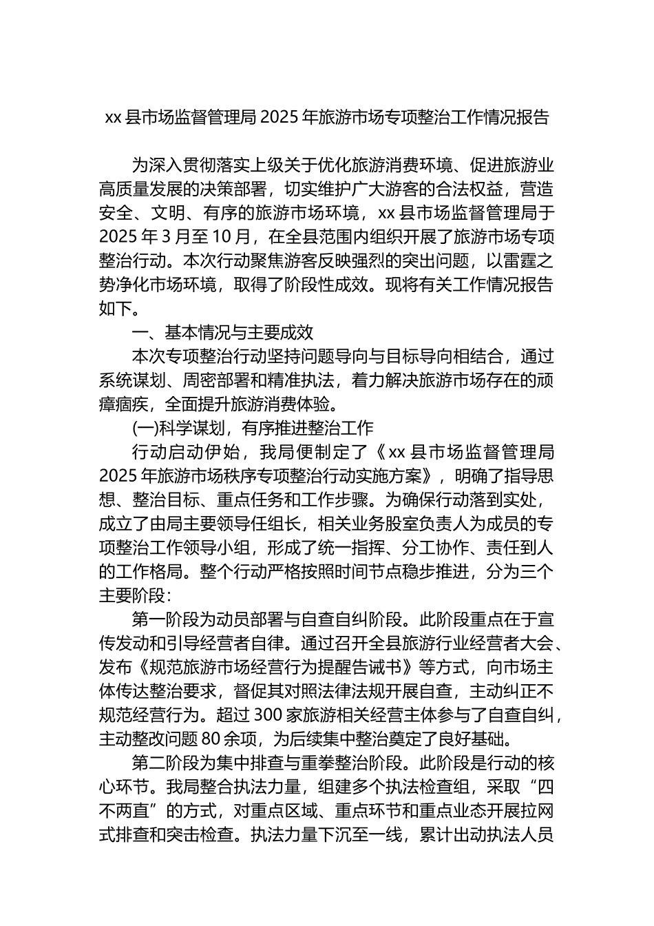 XX县市场监督管理局2025年旅游市场专项整治工作情况报告_第1页