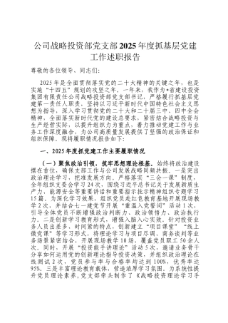 公司战略投资部党支部2025年度抓基层党建工作述职报告