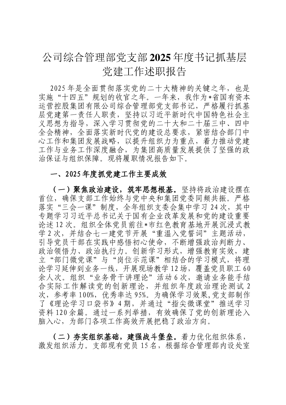 公司综合管理部党支部2025年度书记抓基层党建工作述职报告_第1页