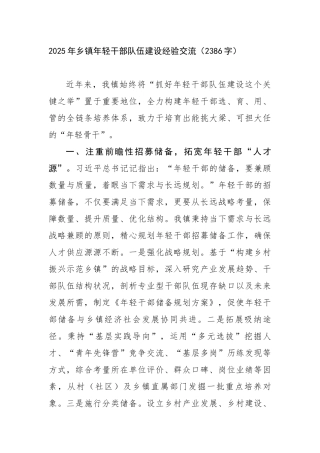 2025年乡镇年轻干部队伍建设经验交流（2386字）【更多材料关注抖音：资深秘书】