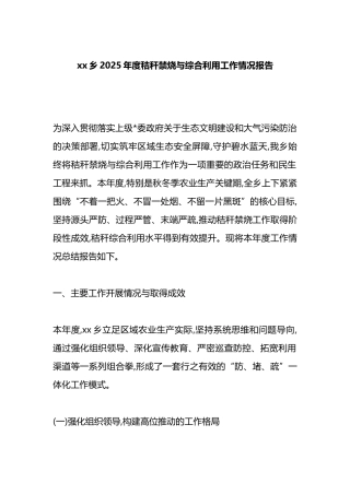 XX乡2025年度秸秆禁烧与综合利用工作情况报告
