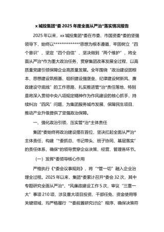X城投集团党委2025年度全面从严治党落实情况报告