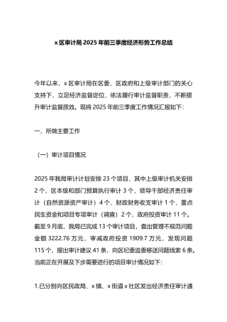 X区审计局2025年前三季度经济形势工作总结
