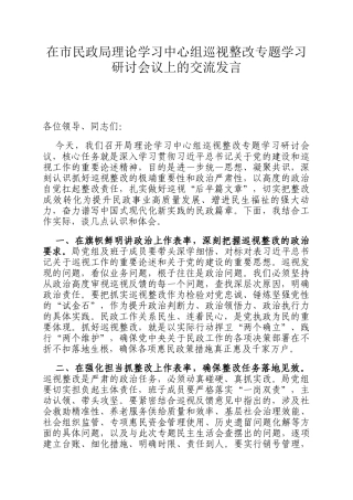 在市民政局理论学习中心组巡视整改专题学习研讨会议上的交流发言