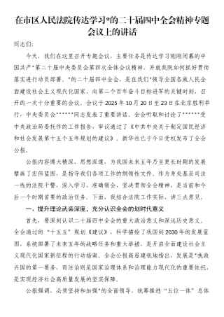 在市区人民法院传达学习党的二十届四中全会精神专题会议上的讲话