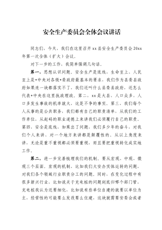 安全生产委员会全体（扩大）会议讲话