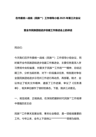 在市委统一战线（民族宗教）工作领导小组2025年第三次会议暨全市民族团结进步创建工作推进会上的讲话