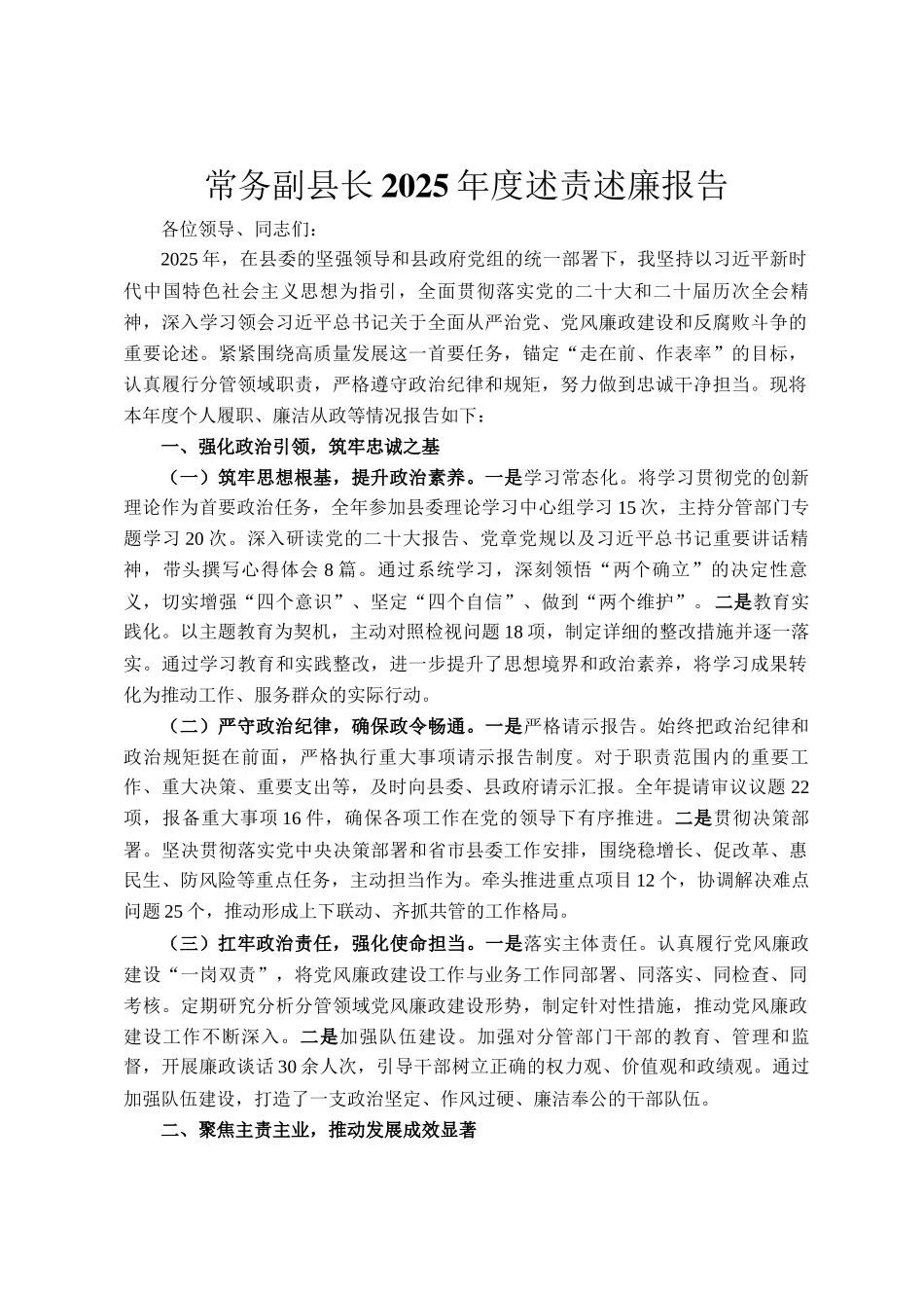 常务副县长2025年度述责述廉报告_第1页