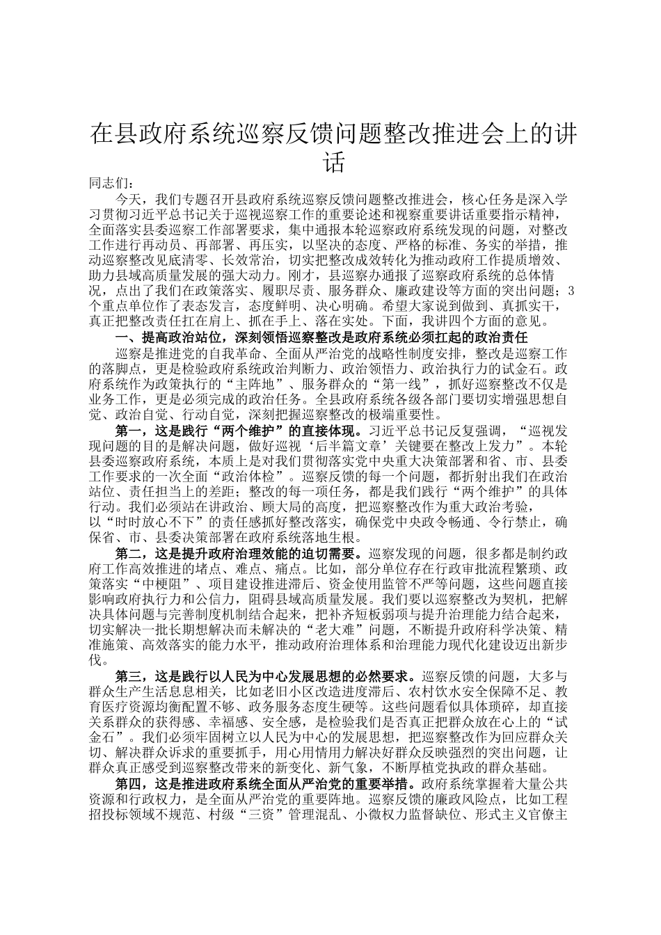 在县政府系统巡察反馈问题整改推进会上的讲话_第1页