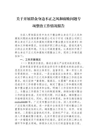 公司开展群众身边不正之风和腐败问题专项整治工作情况报告【更多材料关注抖音：资深秘书】