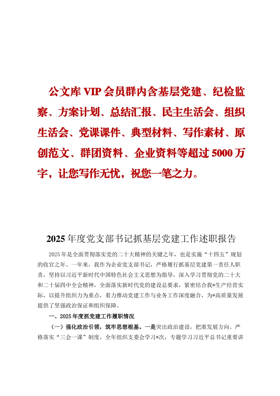 2025年度党支部书记抓基层党建工作述职报告DING_第1页