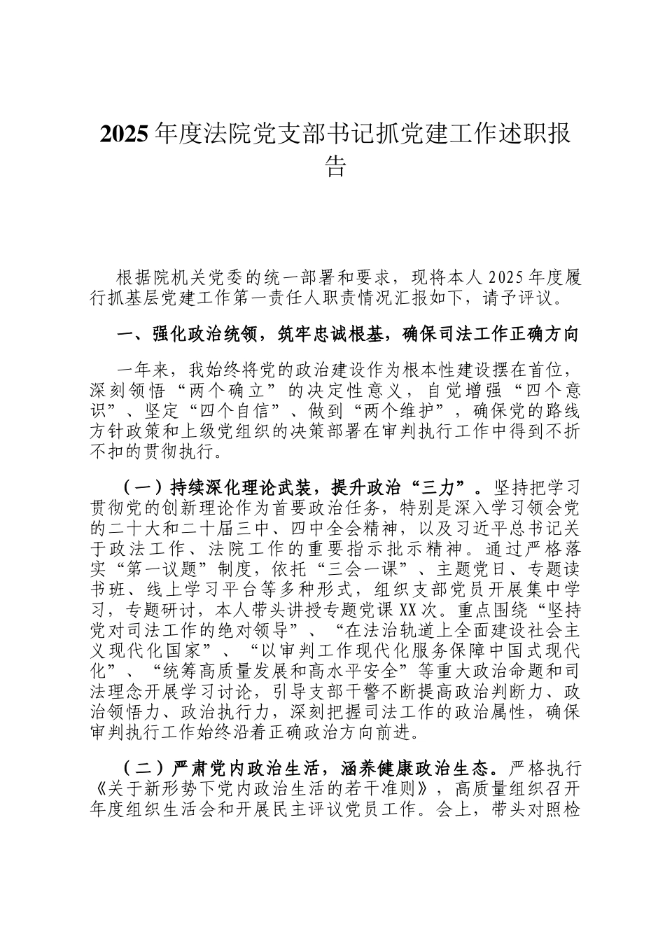 2025年度法院党支部书记抓党建工作述职报告_第1页