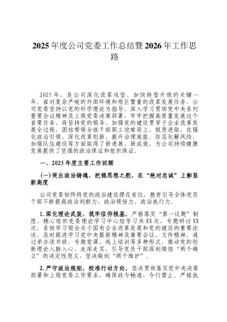 2025年度公司党委工作总结暨2026年工作思路