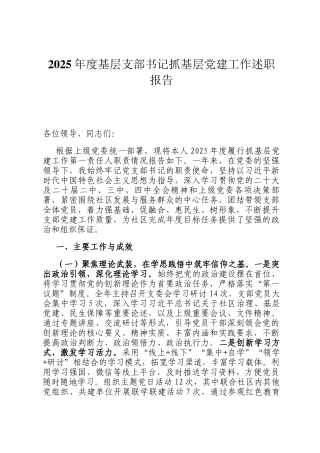 2025年度基层支部书记抓基层党建工作述职报告