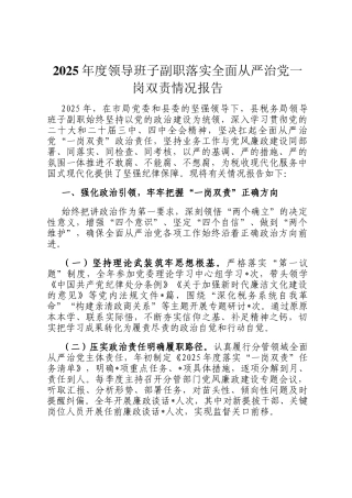 2025年度领导班子副职落实全面从严治党一岗双责情况报告