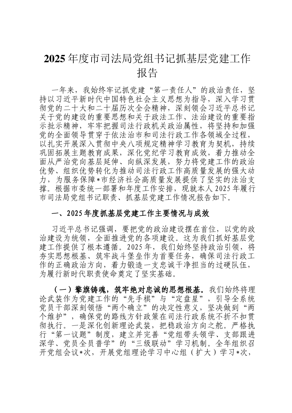 2025年度市司法局党组书记抓基层党建工作报告_第1页