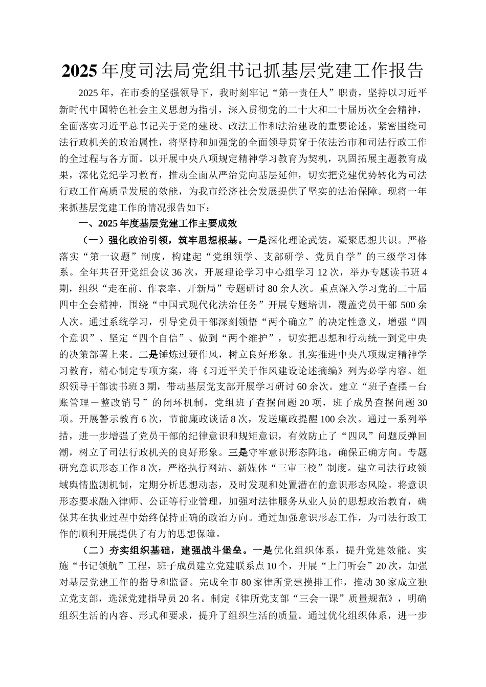 2025年度司法局党组书记抓基层党建工作报告_第1页