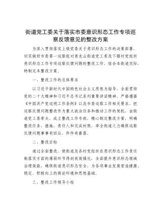 街道党工委关于落实市委意识形态工作专项巡察反馈意见的整改方案【更多材料关注抖音：资深秘书】