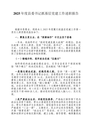 2025年度县委书记抓基层党建工作述职报告