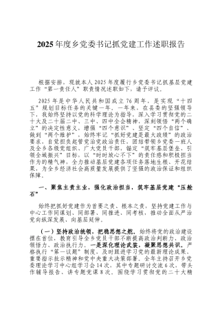 2025年度乡党委书记抓党建工作述职报告