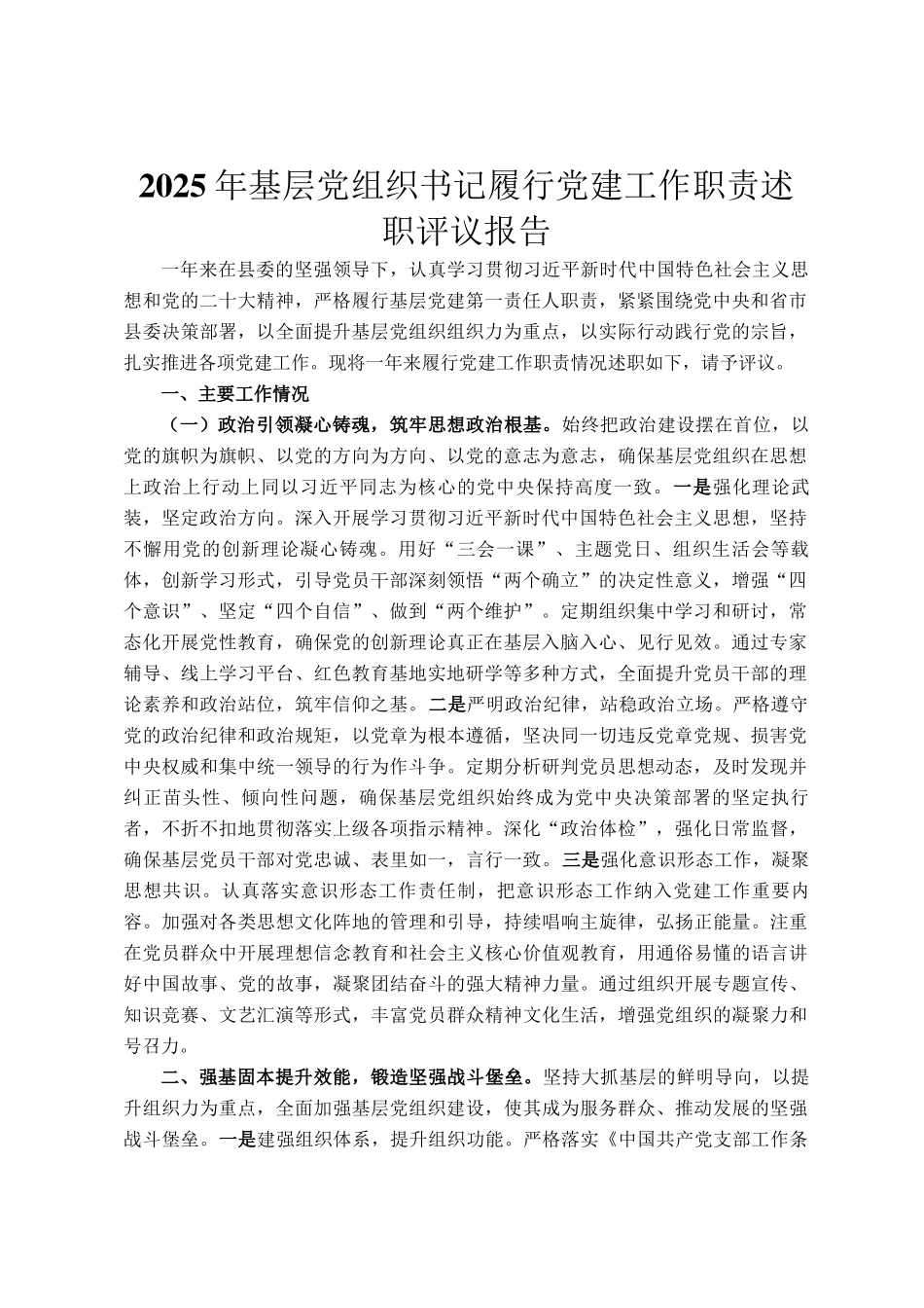 2025年基层党组织书记履行党建工作职责述职评议报告_第1页