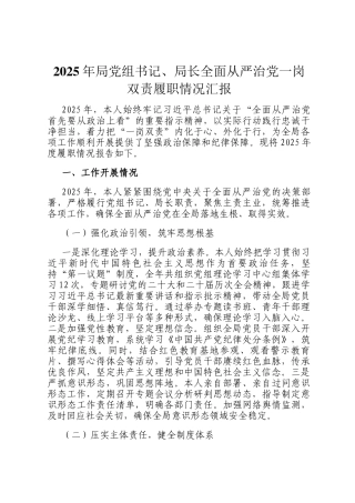 2025年局党组书记、局长全面从严治党一岗双责履职情况汇报